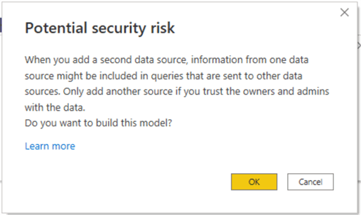 Image showing how warning message when model contains a Live and Import or DQ mode