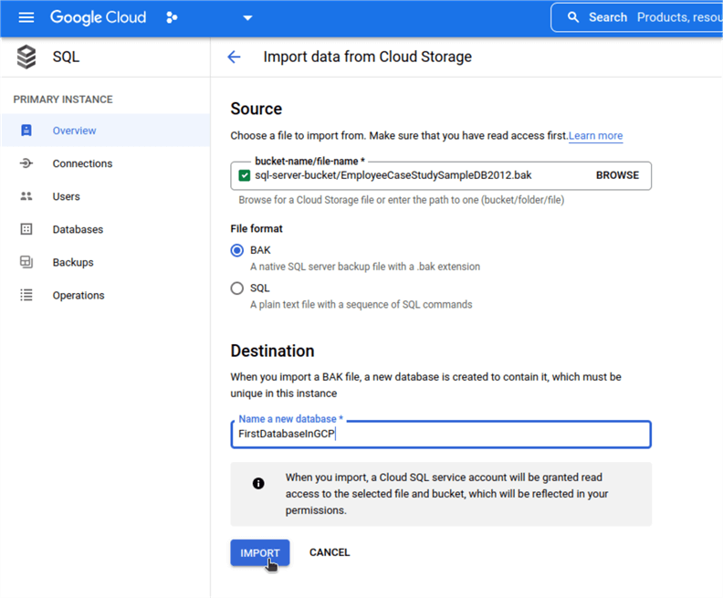 Import bak file in Cloud SQL-step 3
