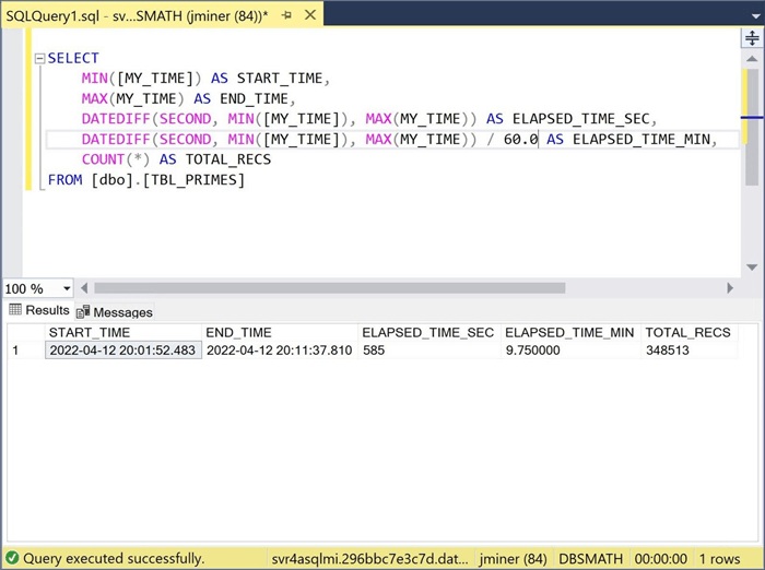 Azure SQL Managed Instance - The total execution time is 585 seconds.