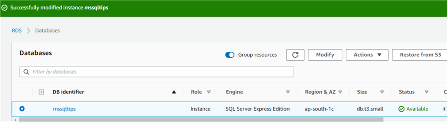 Successfully modified instance mssqltips