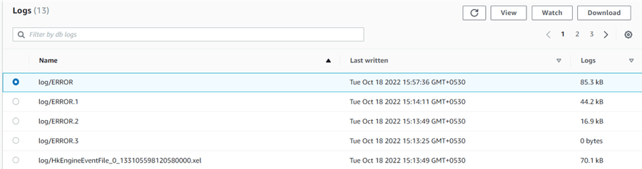 RDS dashboard, Logs & events, Logs