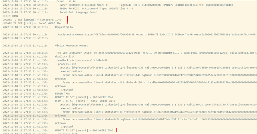 Text editor view of deadlock information