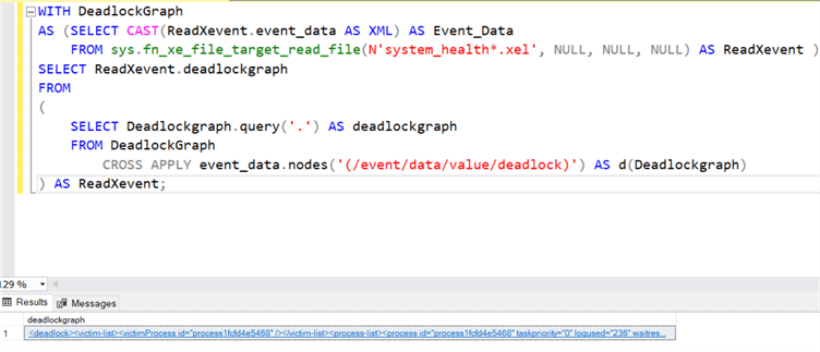 query to view XML of deadlock resulting in link to view in XML