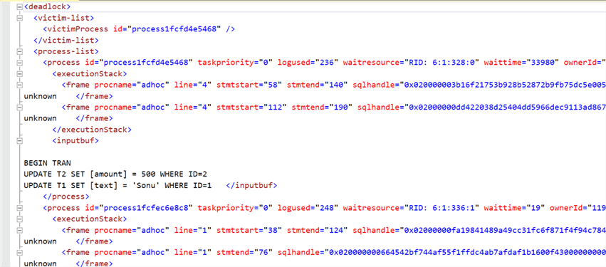 deadlock information in XML format