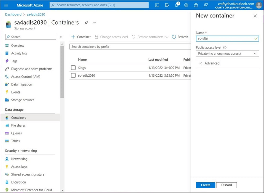 SFTP protocol for ABS - Create container named sc4sftp.