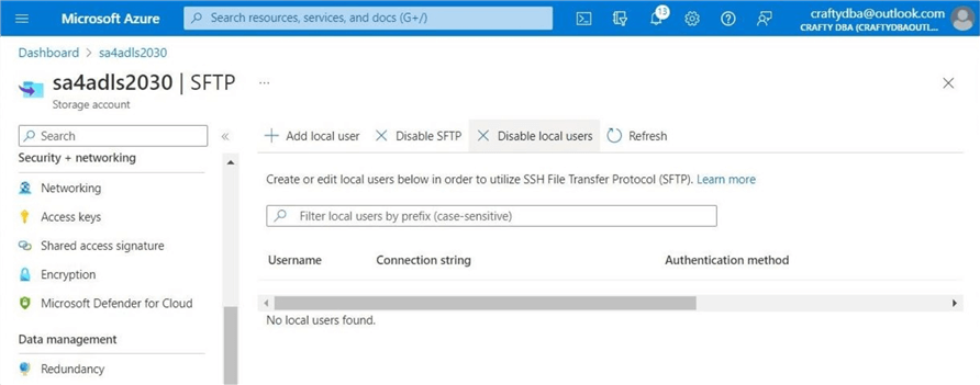 SFTP protocol for ABS - Both the protocol and local users are enabled.