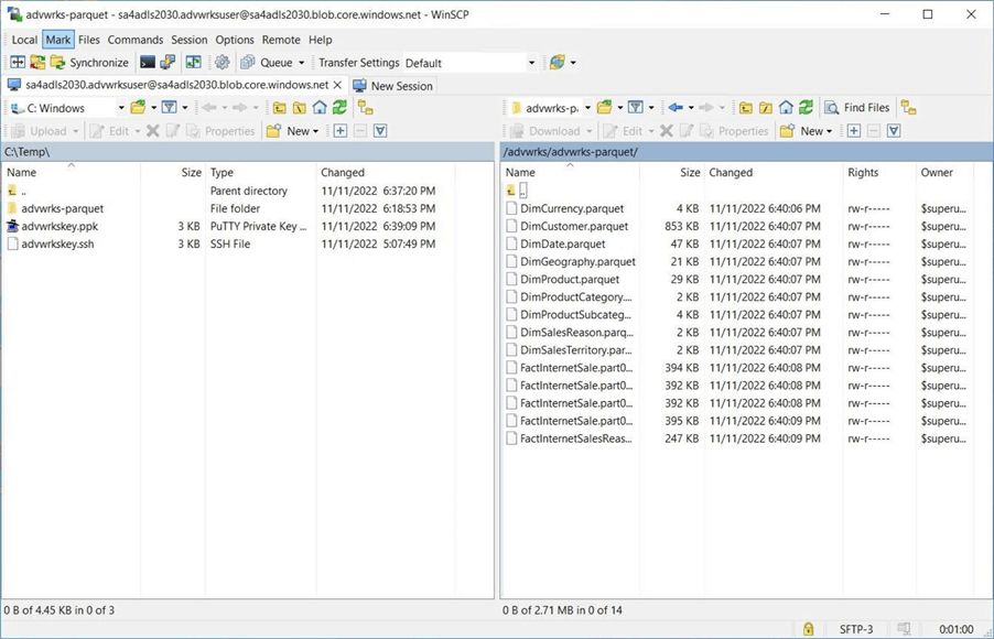 SFTP protocol for ABS - The transfer of the adventure works parquet files for the sales lt schema is complete.