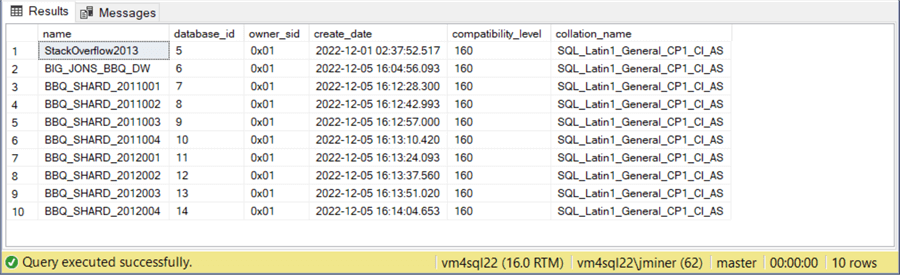 database sharding - database information showing 8 databases, each representing a year and quarter.
