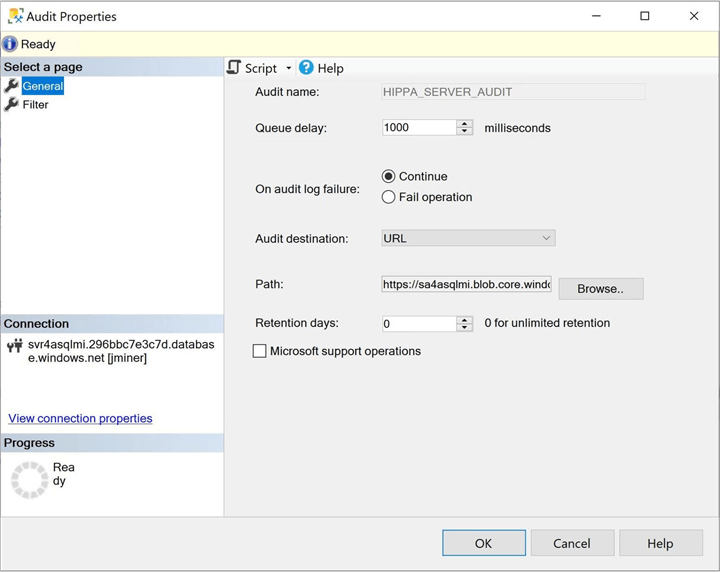 Enable Auditing - Azure SQL MI - Validate Server Audit named HIPPA