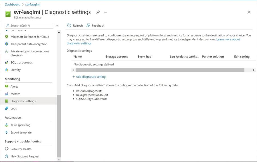 Enable Auditing - Azure SQL MI - Enable diagnostic settings at server level