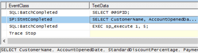 This screenshot of SQL Profiler shows that the BatchCompleted object only sees the sp_execute data and not the actual query. Only the SP:StmtCompleted line shows the actual query.