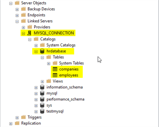 Object Explorer showing Linked server