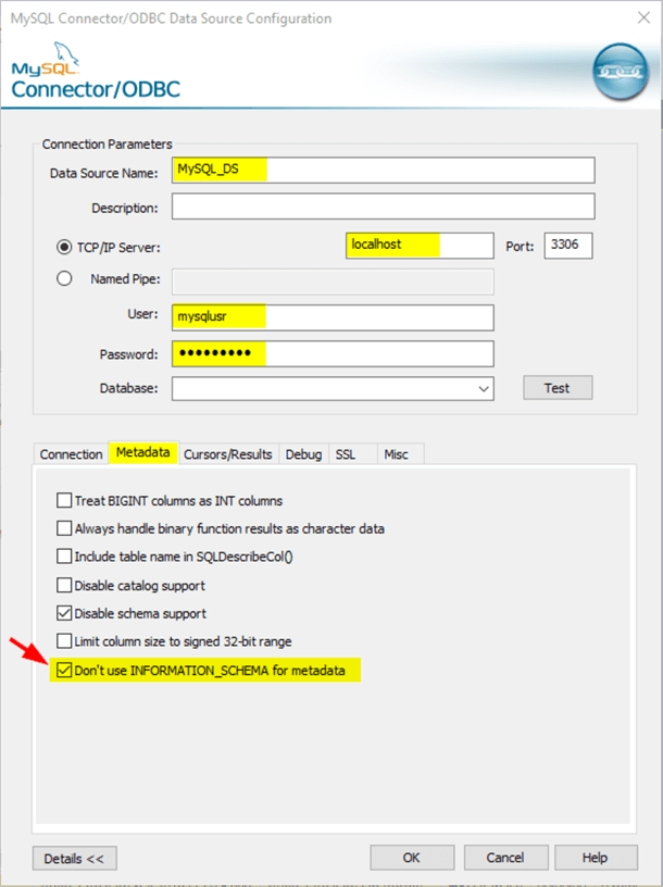 MySQL Connector/ODBC Data Source Configuration - Metadata