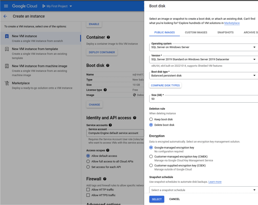SQL Server with Compute engine-boot disk