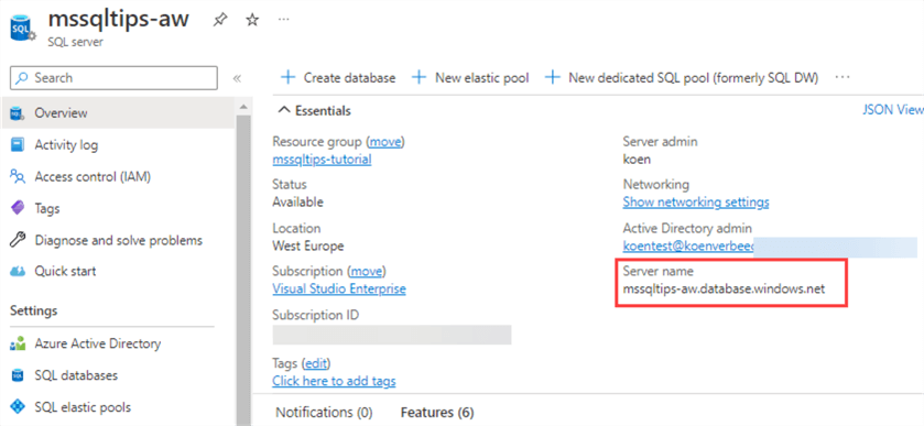 overview screen of the sql server instance