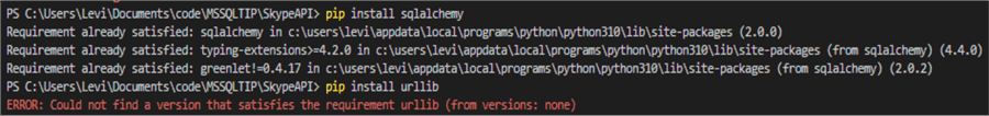 using the pip command to install SqlAlchemy