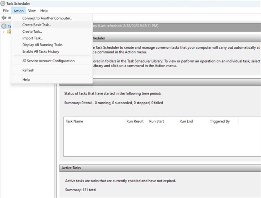 Task Scheduler
Action | Create Basic Task...