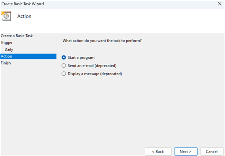 Under Action, choose State a program