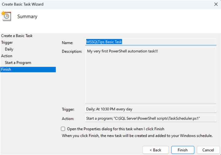 Finish - Review your task settings