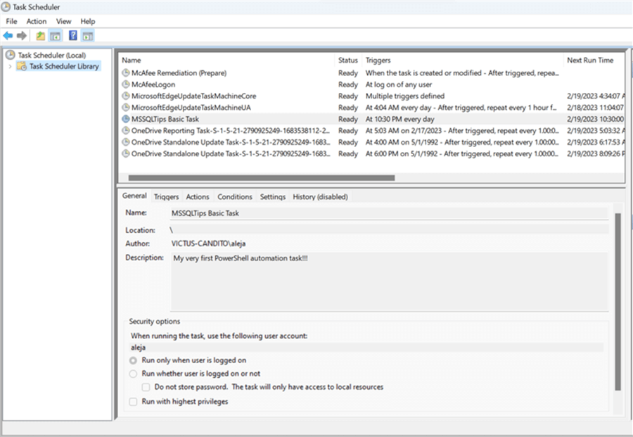 New task in the Task Scheduler