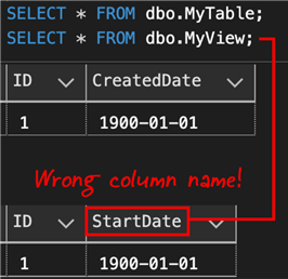 Results from view after renaming column