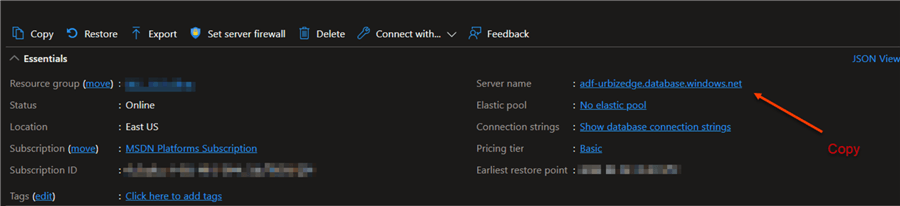 Write to Azure SQL | Servername