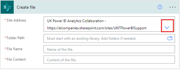 Configuring the Site Address section of the Create file action operation in Power App