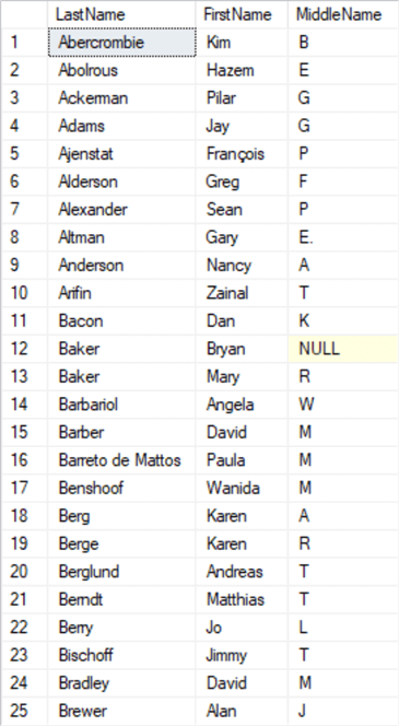 First 25 records in ascending order