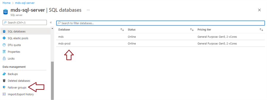 Check Azure SQL databases hosted on primary server mds-sql-server