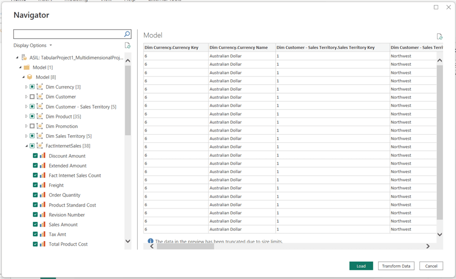 Selecting needed column and measures from the Tabular model 