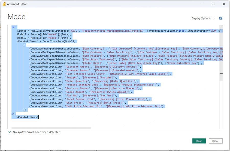 Tabular model Query Advanced Editor window