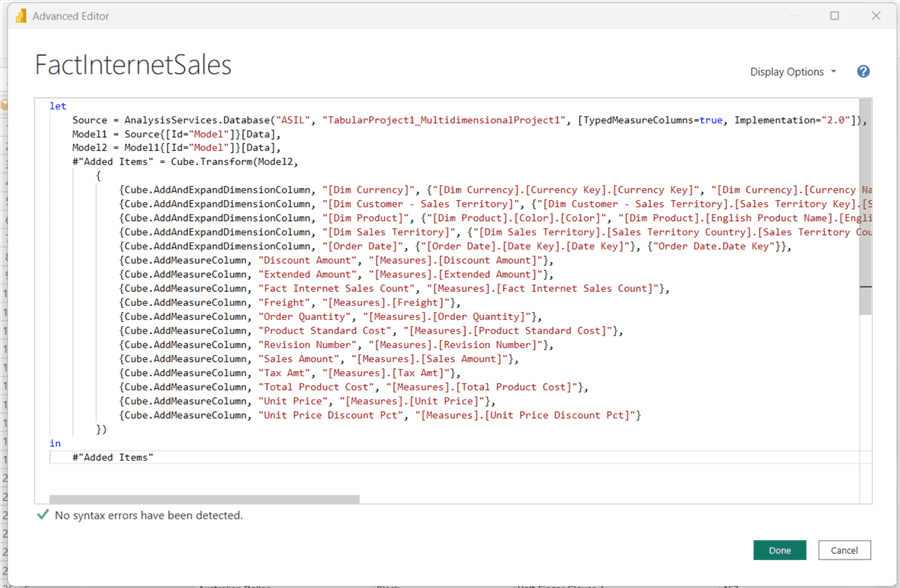 FactInternetSales Advanced Editor window