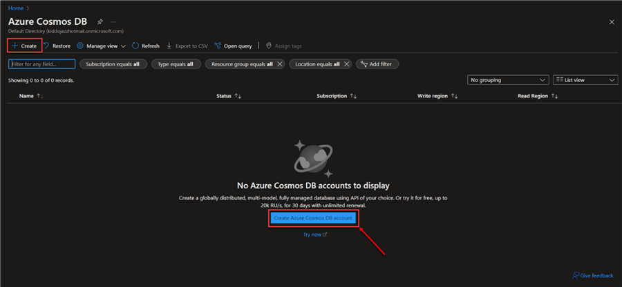 microsoft azure cosmos db create