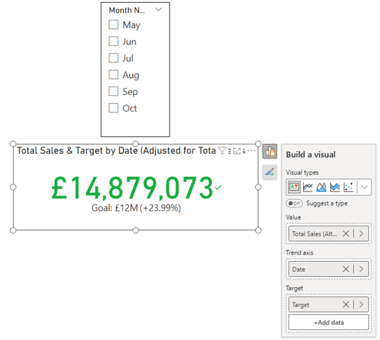 Adjusted display behaviour of a KPI visual with Target comparison and a slicer visual