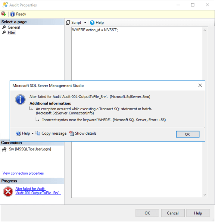 Error-message when attempt was made to use a filter predicate on the Audit