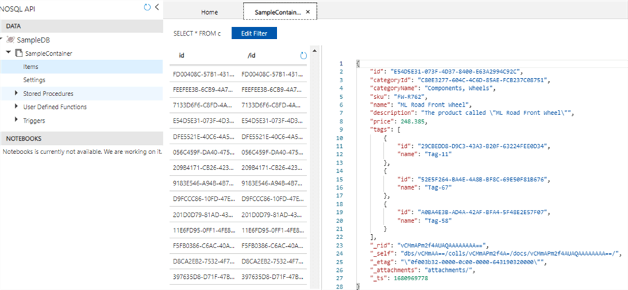 sample data from the quick start wizard