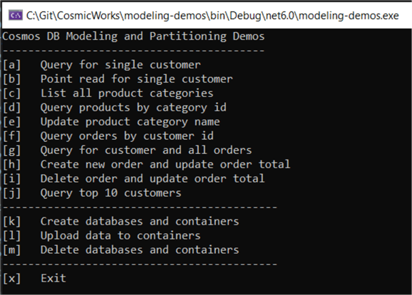 menu options for the cosmicworks demos