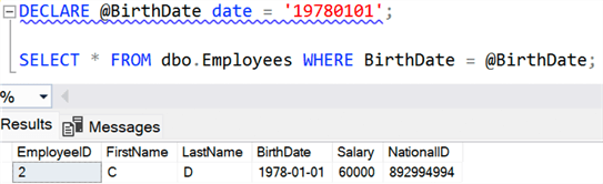 Results of equality search against deterministic column