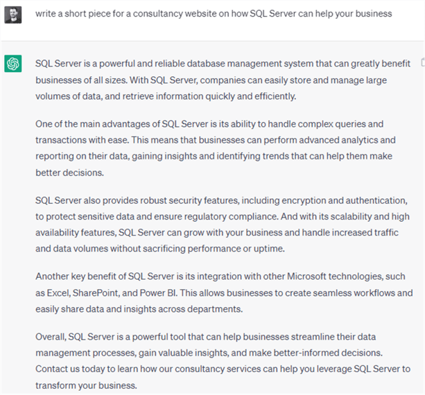 chatgpt prompt and response for a marketing piece on SQL Server