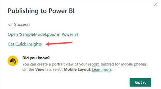 publish to power bi success message