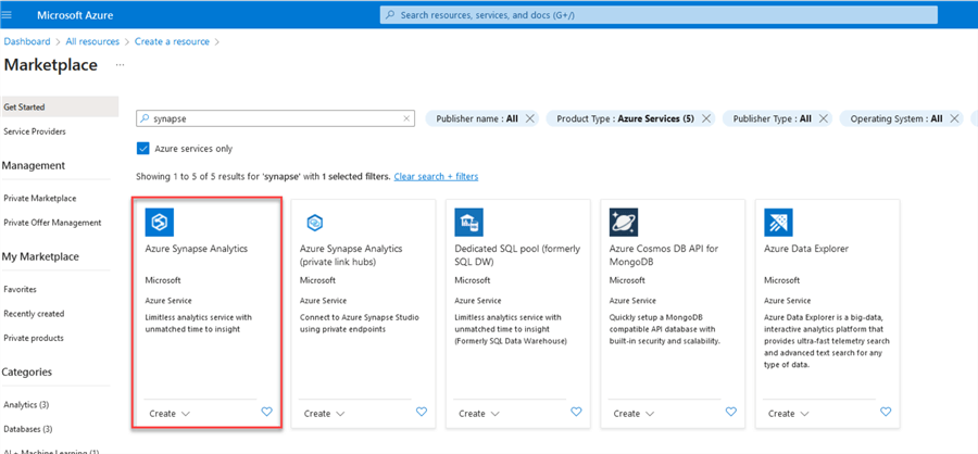 Azure marketplace to create synapse service