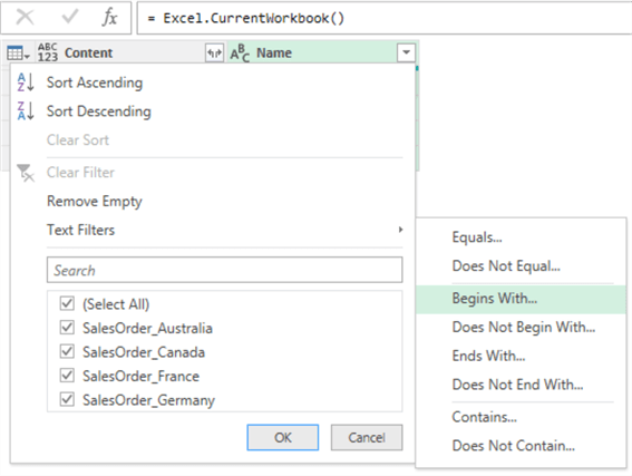 The Name column filter control