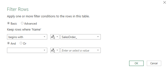 The Filter Rows dialog