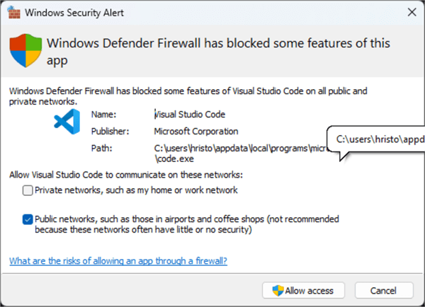 windows firewall popup