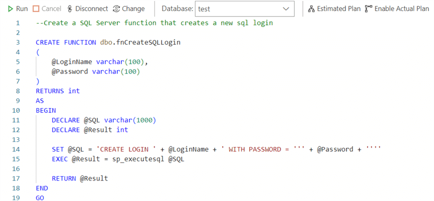 Request: Create a SQL Server function that creates a new sql login