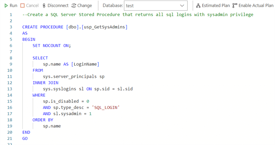 Create a SQL Server Stored Procedure that returns all sql logins with sysadmin privilege
