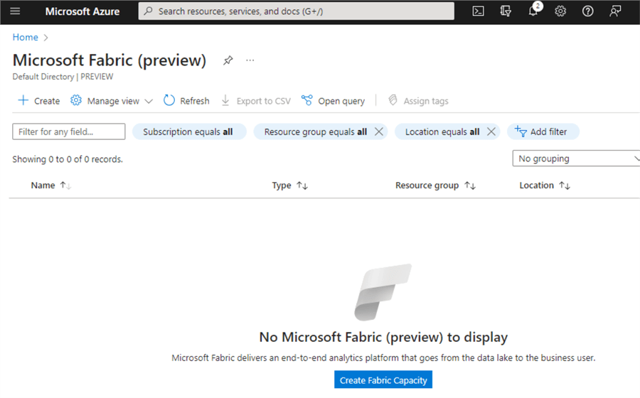 fabric overview page in Azure portal