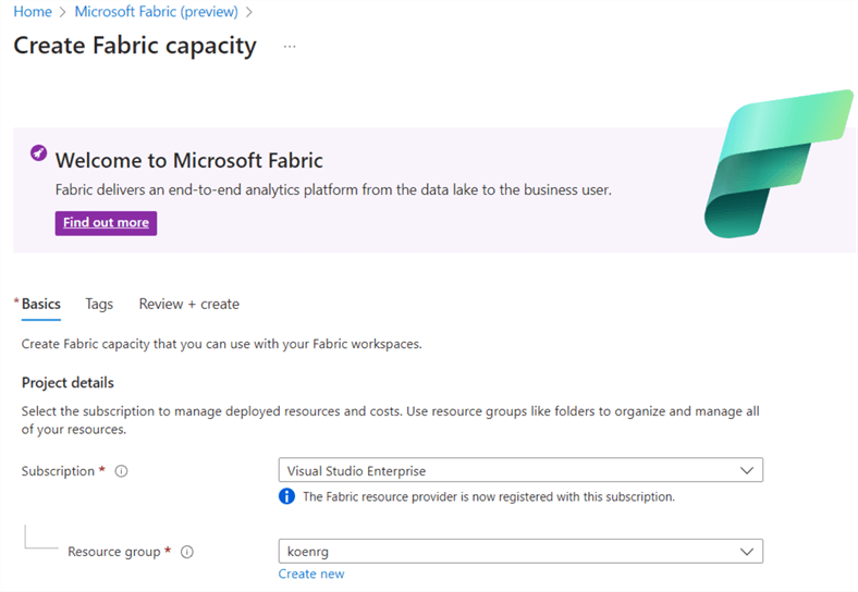 choose subscription and resource group for the capacity