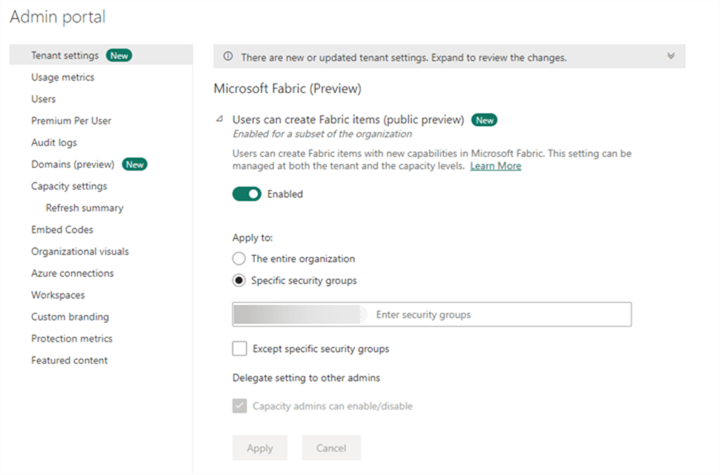 add security groups to determine who can add fabric items