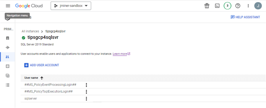 Google Cloud SQL - user (accounts) page